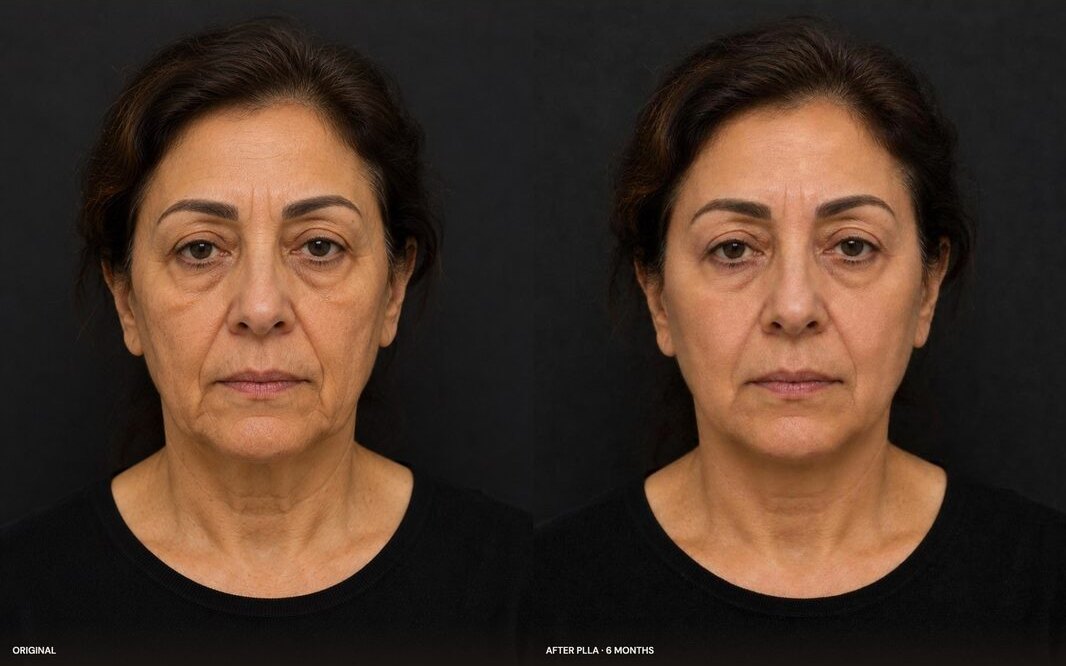 Original photo and a simulated result six months after Sculptra